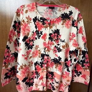 $109 Talbot's cardigan sweater 3/4 sleeves size XL pink/coral, black on cream